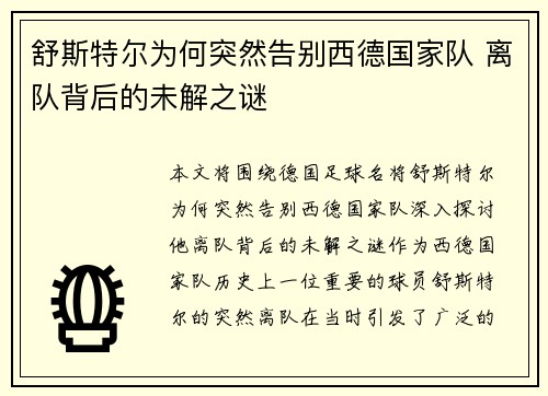 舒斯特尔为何突然告别西德国家队 离队背后的未解之谜