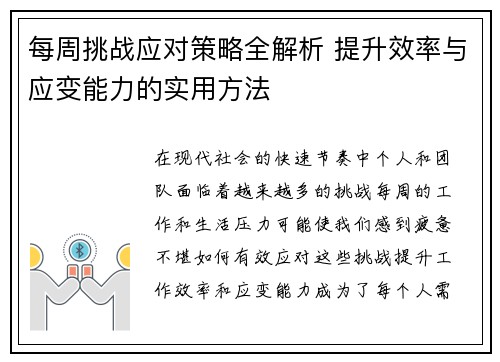 每周挑战应对策略全解析 提升效率与应变能力的实用方法